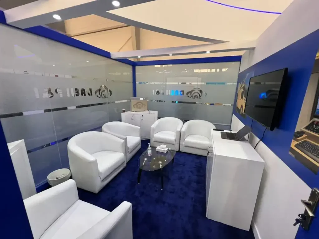 DAEJI P&I reception area highlighting water cannon vehicle solutions at defense exhibition