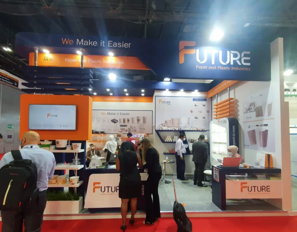 Future Paper and Plastic Industries trade show booth with branded packaging product displays