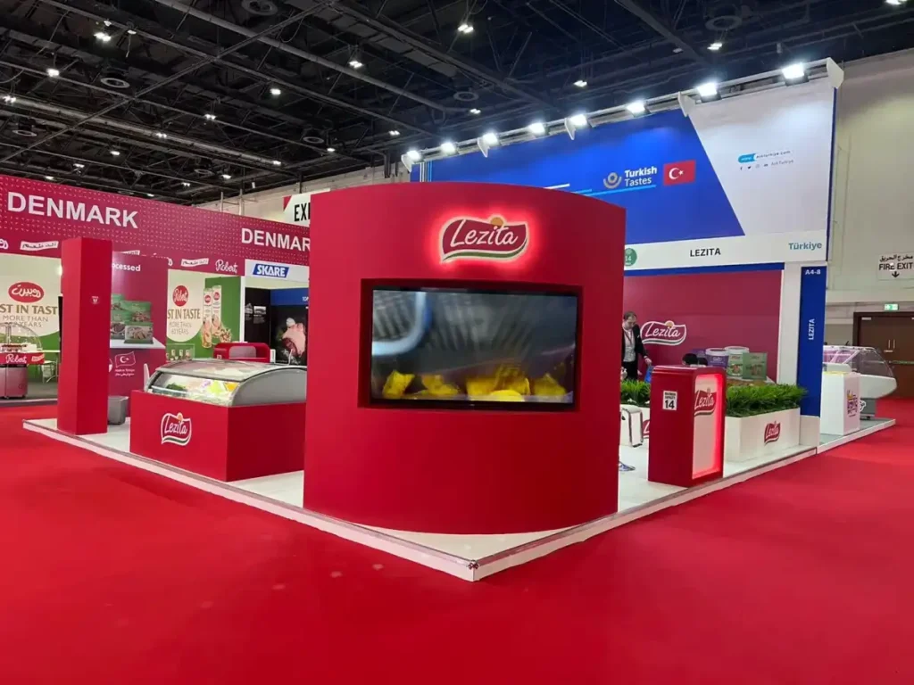 Lezita exhibition booth with LED display, product freezer, and branded trade show setup