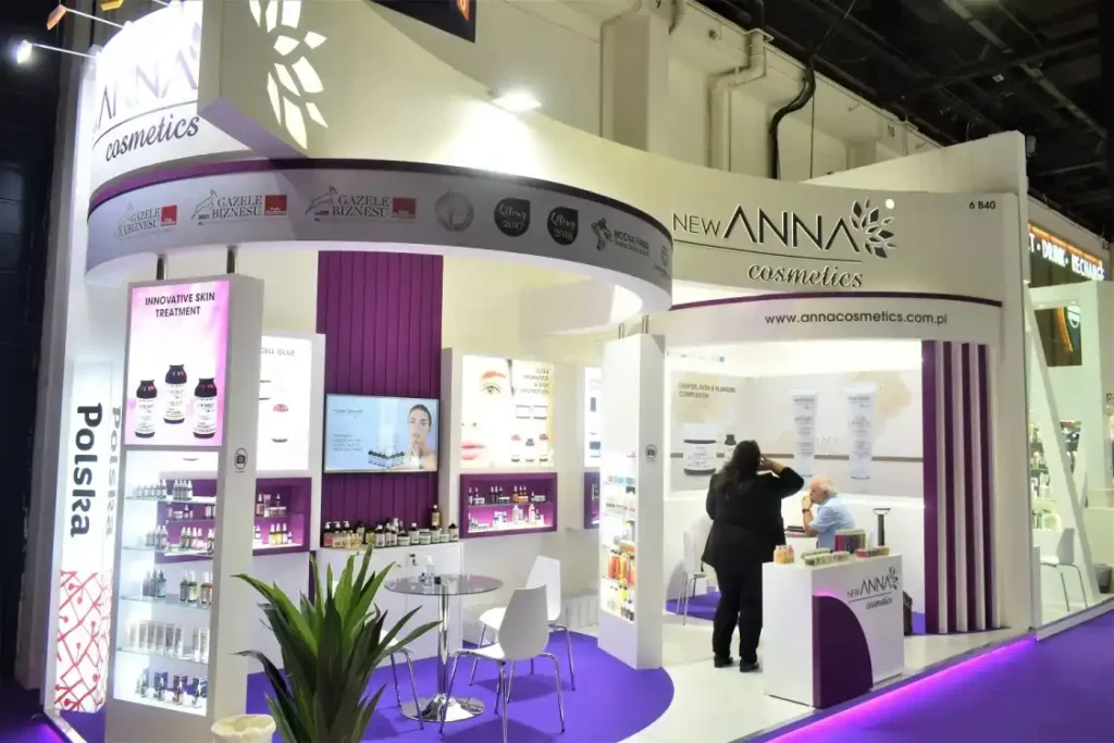 New Anna custom exhibition stand with illuminated displays and branded product showcase