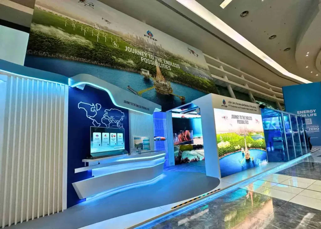 Underwater themed exhibition stand corridor with immersive digital experience