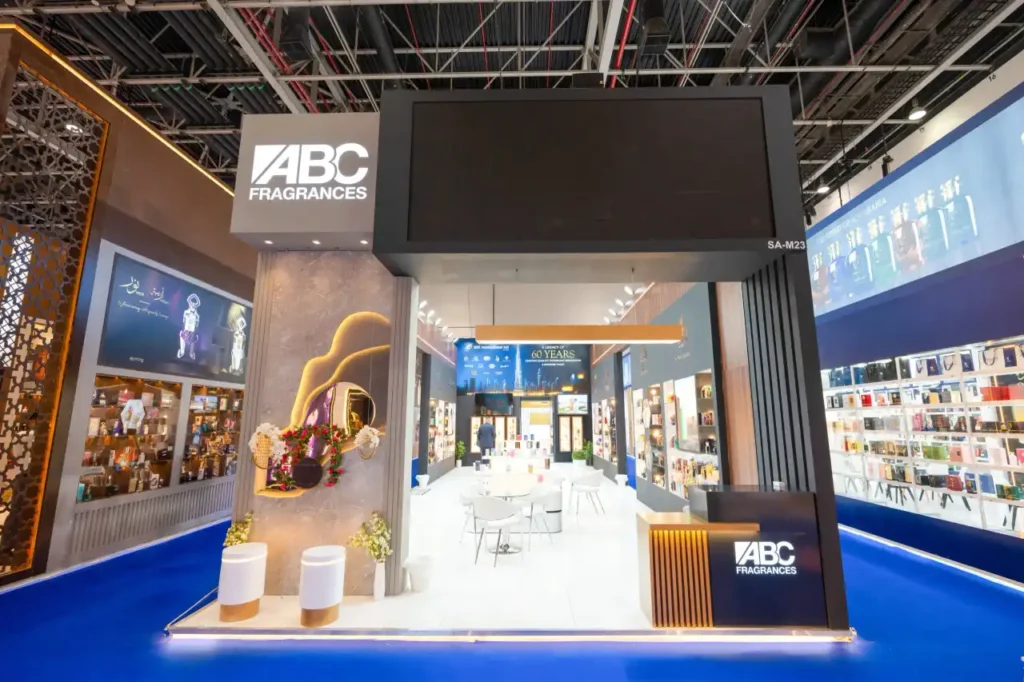 ABC Fragrances custom exhibition stand with illuminated entrance at trade show