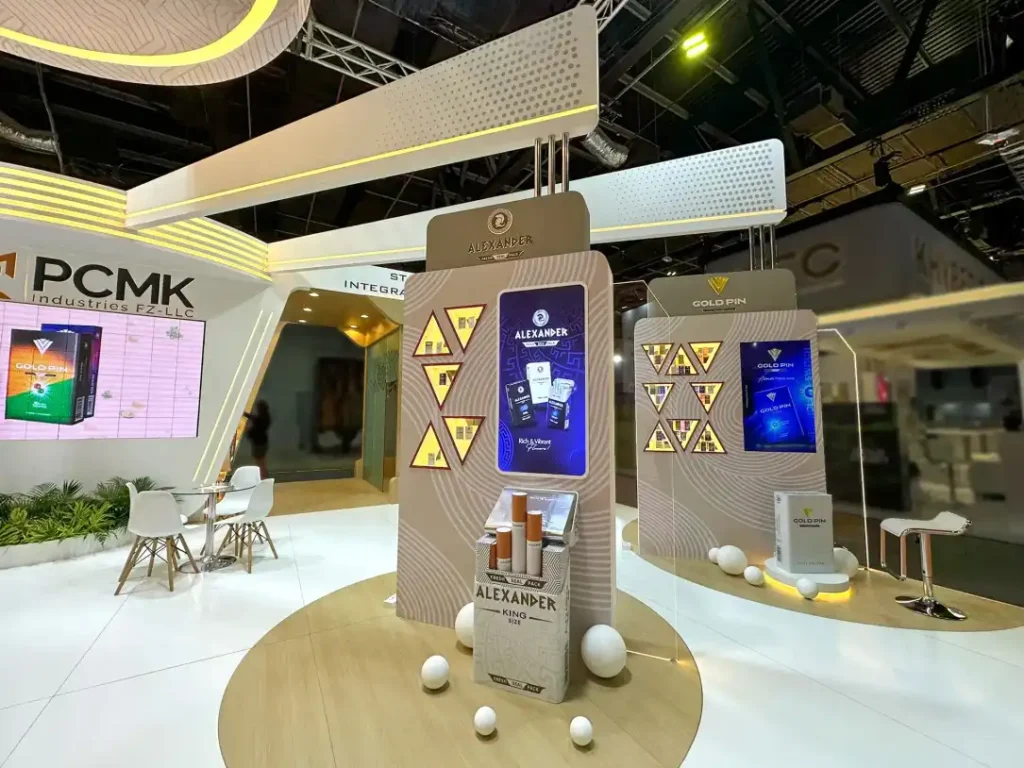 Alexander and Gold Pin product display stands featured inside the PCMK exhibition booth