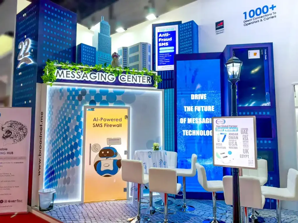 Broad Net exhibition booth with AI powered SMS firewall display area