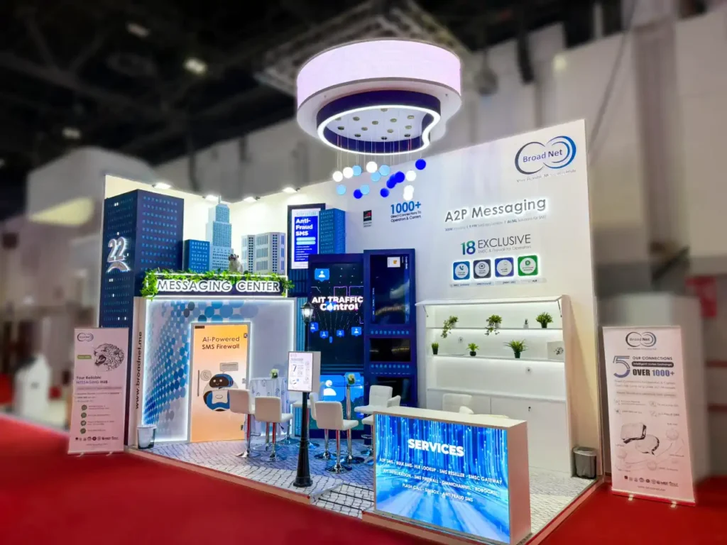 Broad Net exhibition stand showcasing messaging technology displays and seating area SEO Filename: broad-net-exhibition-stand-messaging-technology-displays