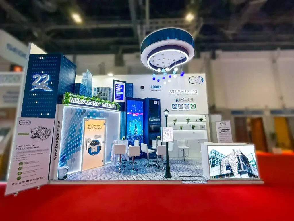 Broad Net trade show stand with A2P messaging displays and service counter