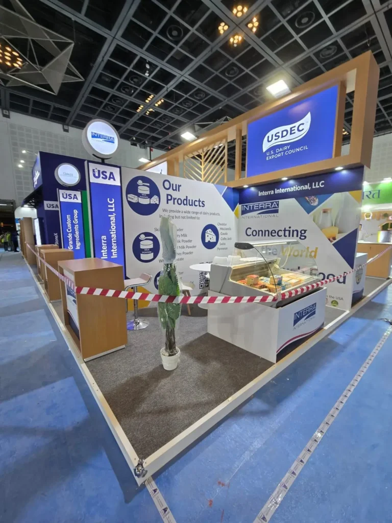 Interra International custom exhibition stand with product display counter at trade show