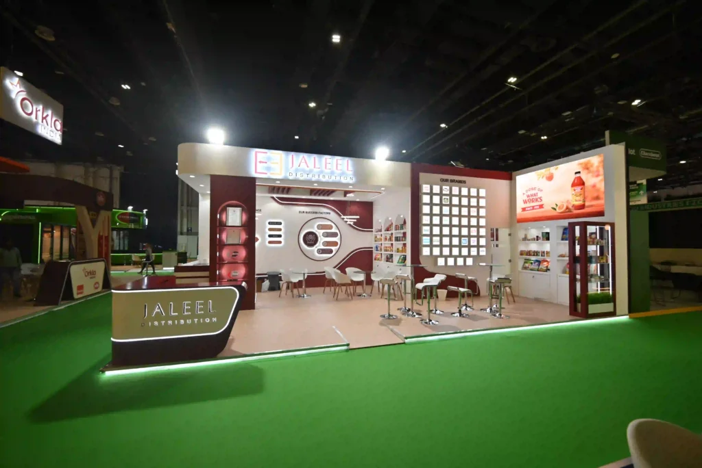Jaleel Distribution custom exhibition stand featuring branded displays and meeting areas