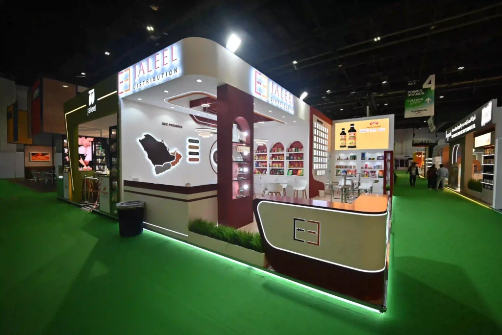 Jaleel Distribution trade show booth with branded product displays and reception counter