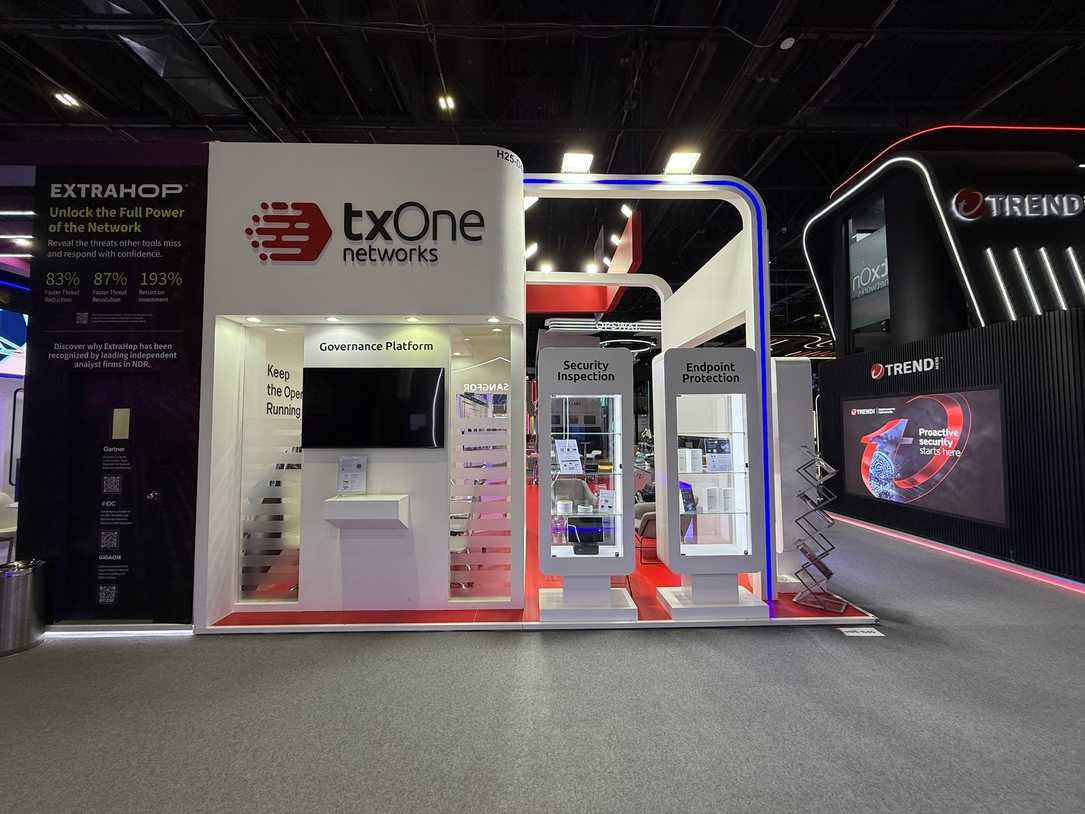 TXOne Networks custom trade show booth with branded displays and lighting at GITEX