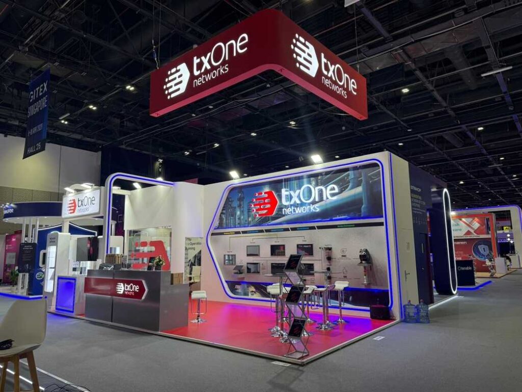 txOne Networks custom exhibition stand with illuminated product display wall