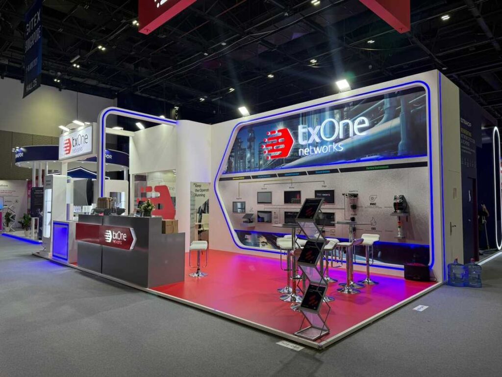 txOne Networks trade show booth with branded reception and product displays