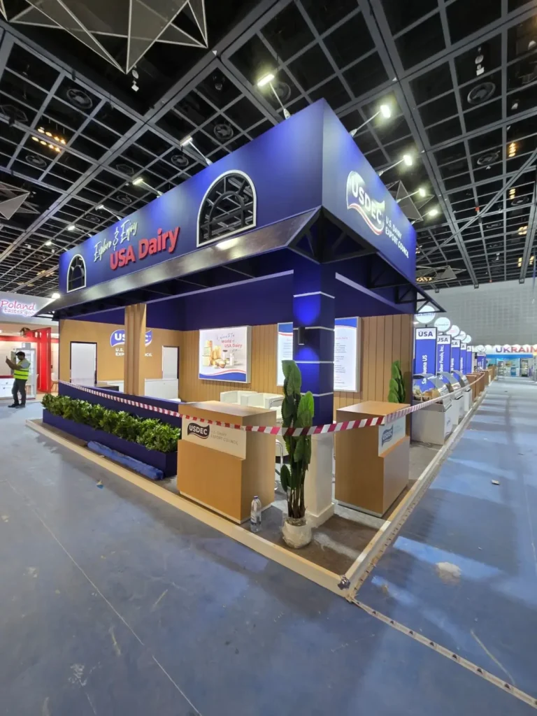 USDEC custom exhibition stand featuring USA Dairy branding and product displays