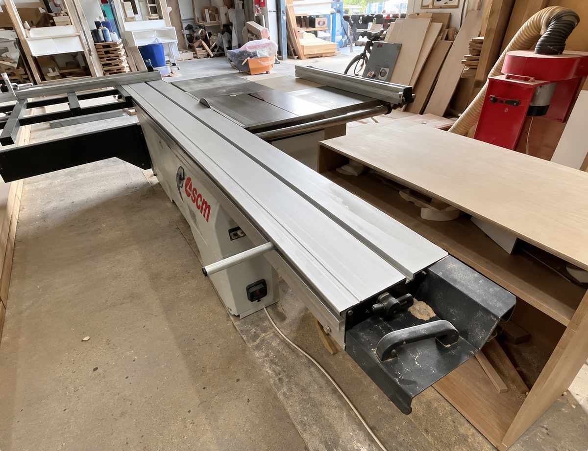 Panel saw cutting stand components in the Levo Exhibitions workshop