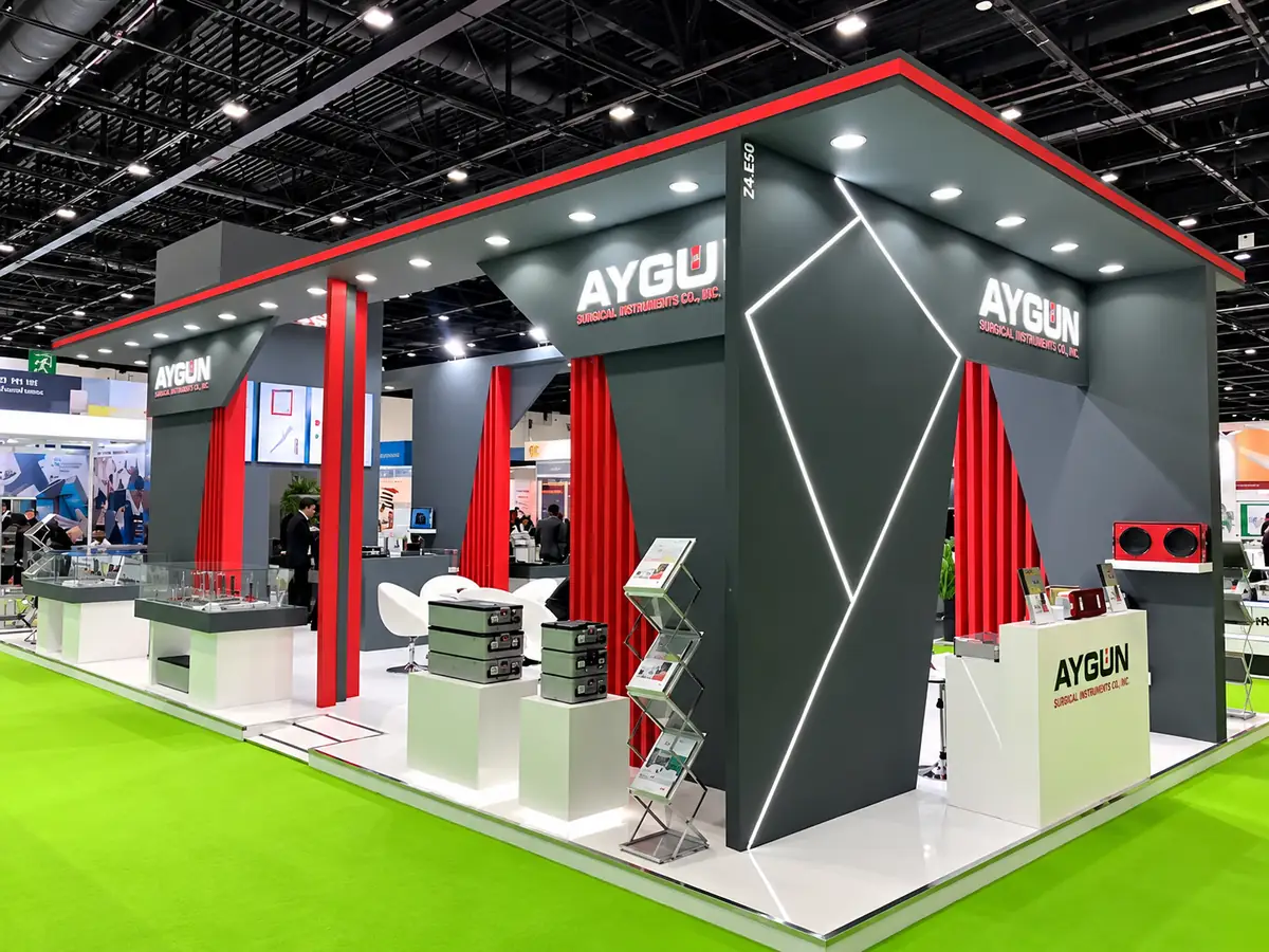 Two level exhibition stand with staircase built by Levo Exhibitions