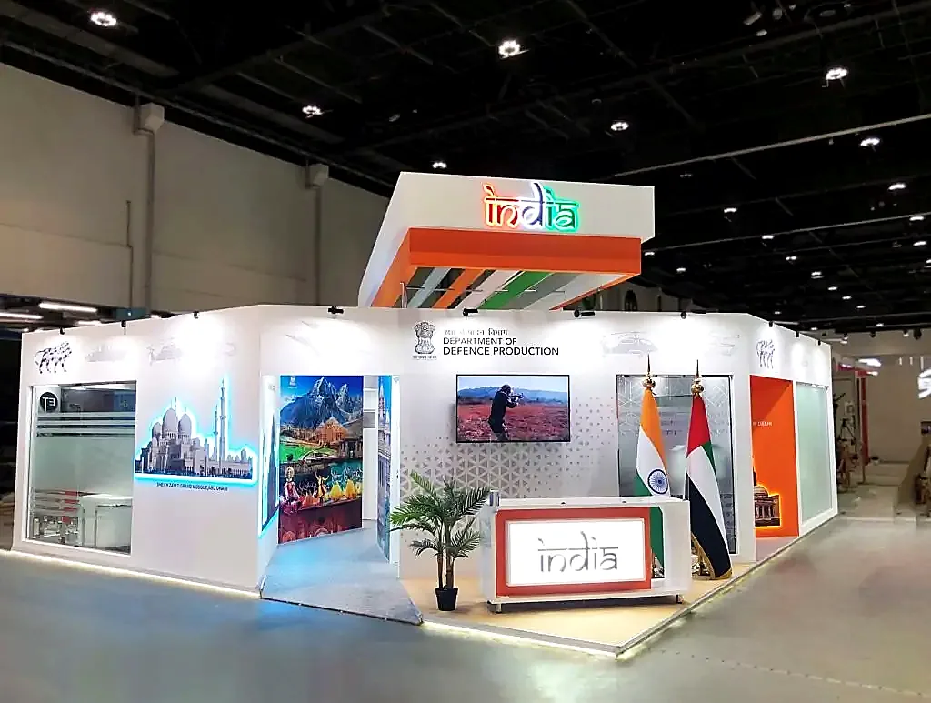 India Pavilion at IDEX 2019 with orange overhead structures and multiple interactive display stations, built by Levo Exhibitions at ADNEC Abu Dhabi